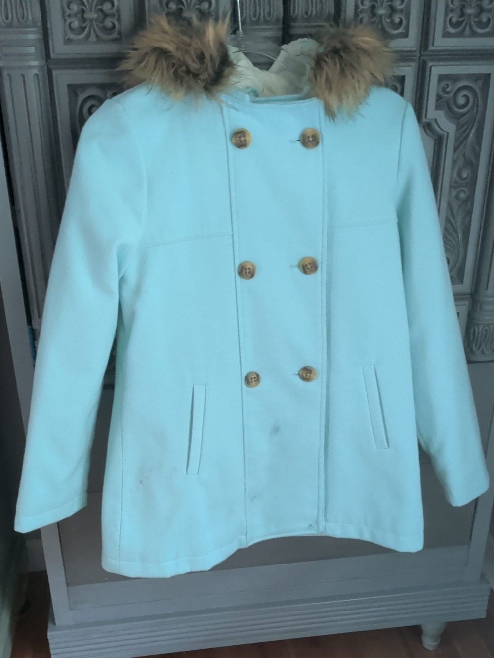 Cat & Jack Light Blue Double-Breasted Pea Coat w Faux Fur Hood Childs XL 14/16